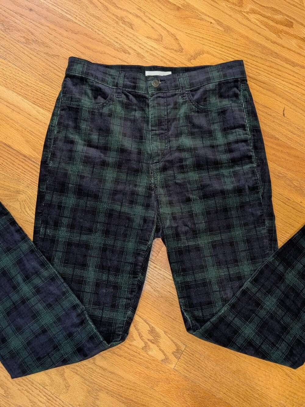 LOFT blackwatch plaid velvet skinny jeans, 6/28